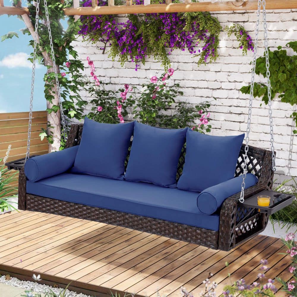 3-Person Brown Wicker Porch Swing with Chains Cup Holders and Blue Cushions