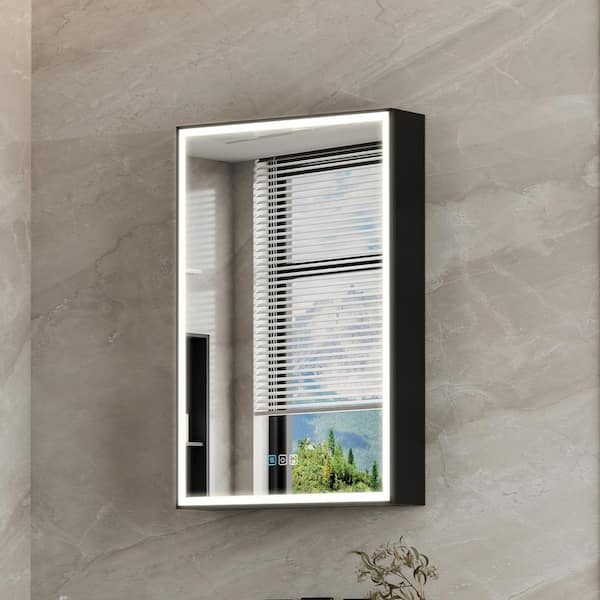 20.01 in. W x 30 in. H Rectangular Black Aluminum Recessed/Surface Mount LED Medicine Cabinet with Mirror, Right Hinge