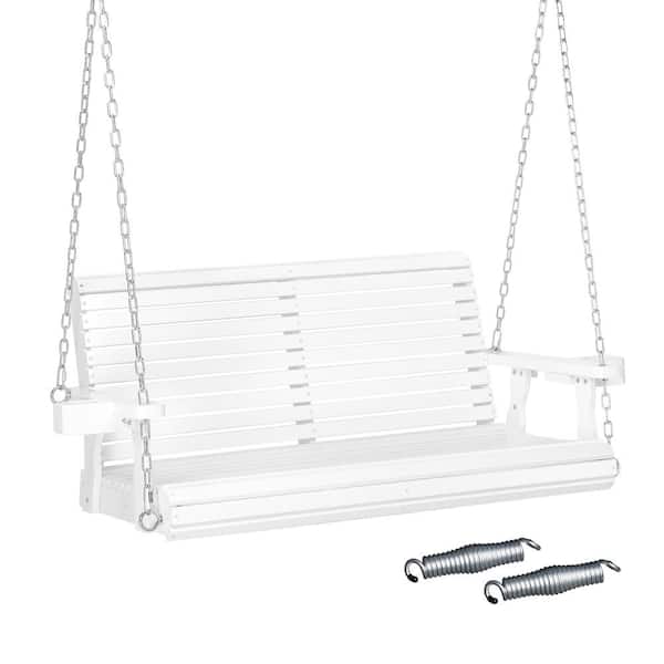 VINGLI 4 ft. 2-Person White Pine Wood Patio Porch Swing with XL Size Seat Depth and Backrest and Cup Holders, Support 880 lbs.