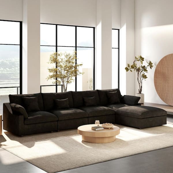 156 in. Square Arm 5-Piece Linen Upholstered Cloud Modular Sectional Sofa 4-Seater w/ Ottoman, Washable Covers in Black