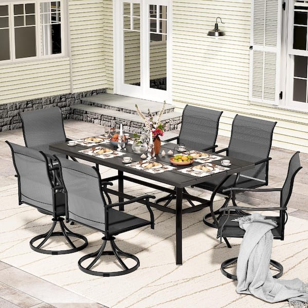 7-Piece Outdoor Dining Set with 6 Swivel Dining Chairs and Dining Table, Gray Textilene Fabric