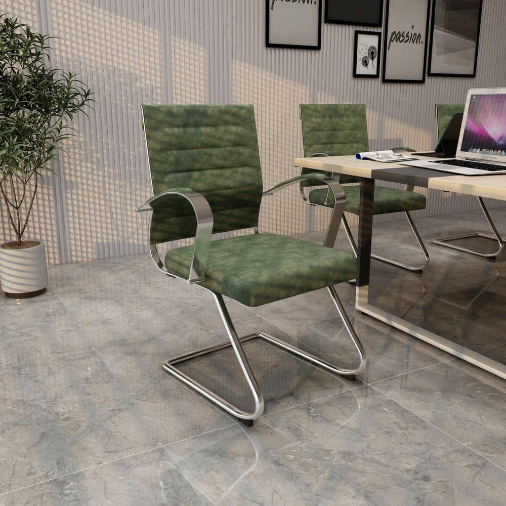 Green Leather Office Chair with Fixed Arms and Metal Frame