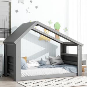 Gray Wood Frame Twin Size House Floor Bed with Storage, LED Light and Roof of Skylight