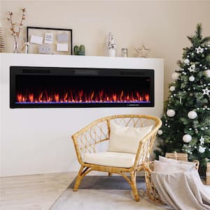 60 in. Wall Mount/Recessed Metal（CRS） Electric Fireplace in Black with Multi-Color Flame