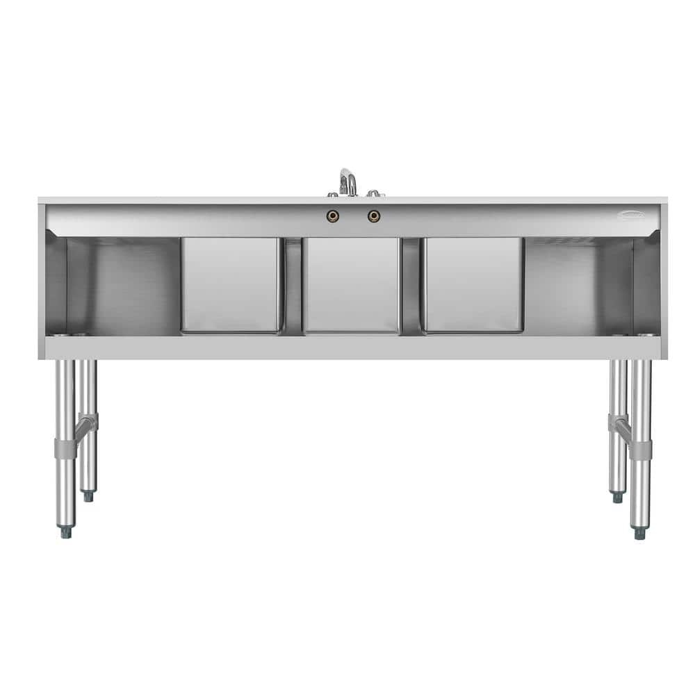 60 in. Stainless Steel Commercial Bar Sink with Copper Faucet and Dual Drainboards