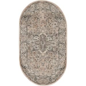 Concerto Beige Grey 3 ft. x 5 ft. Center Medallion Traditional Oval Area Rug