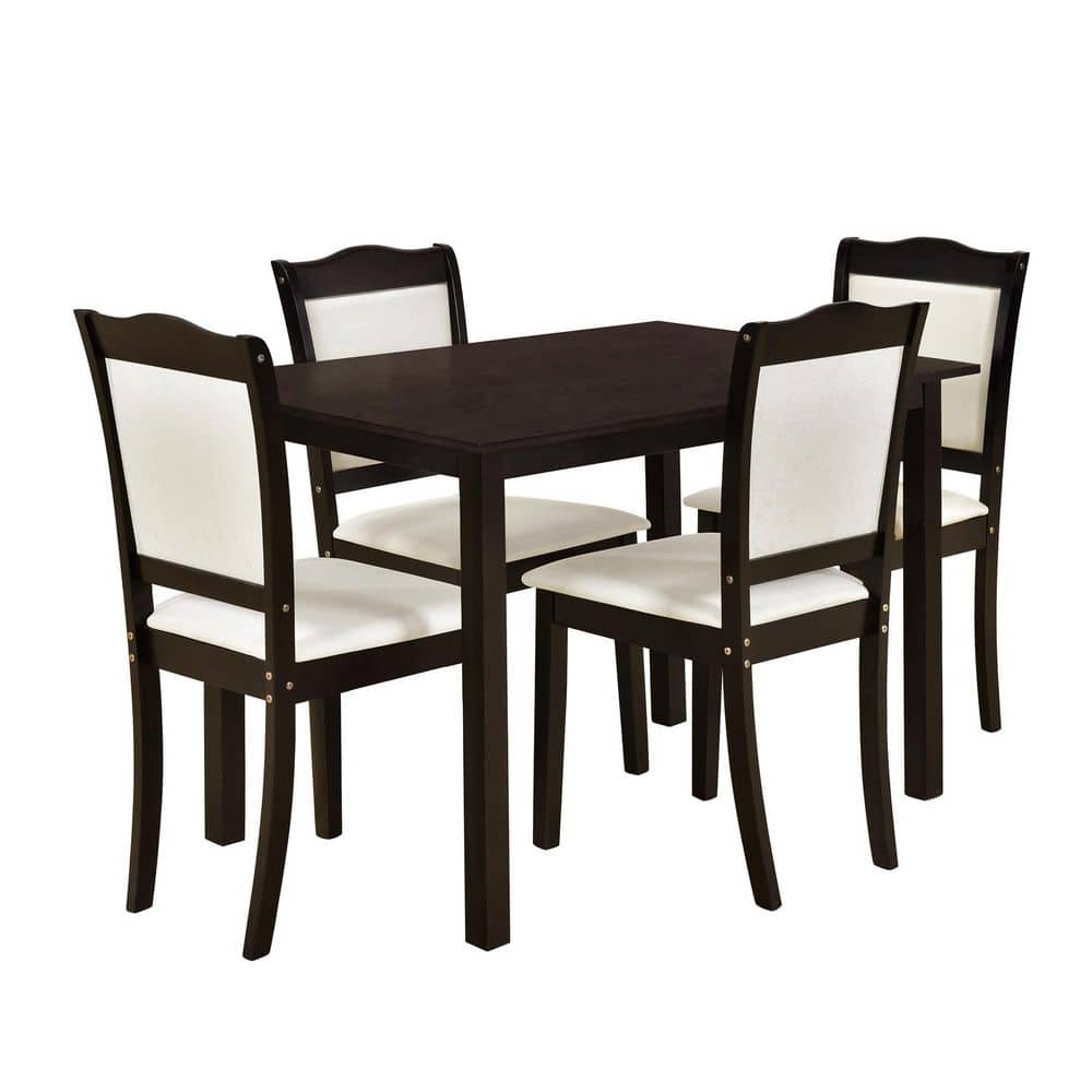 5-Piece Espresso Wood Dining Table Set Simple Style Kitchen Dining Set Rectangular Table with Upholstered Chairs