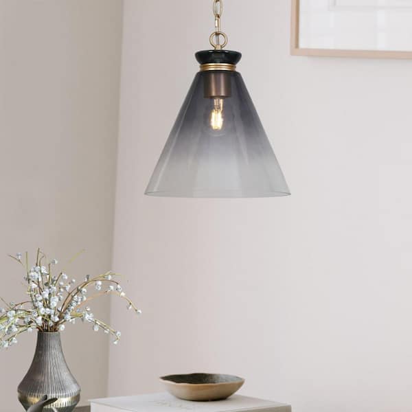 Modern 11 in. 1-Light Pendant Light with Smoke Gray Gradient Glass Shade, Schoolhouse Dark Gold Hanging Light