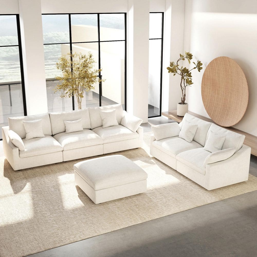 6-Piece White Chenille Down Filled Cloud Couch Modular Sofa Living Room Set w/ Ottoman and Washable Covers