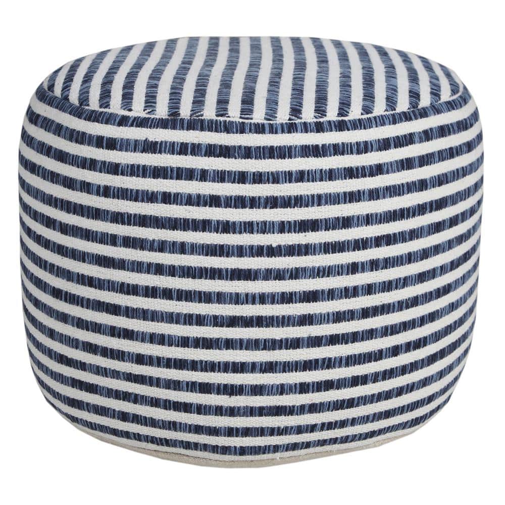 Woven Blue / White 18 in. x 18 in. x 14 in. Stripe Pouf Ottoman
