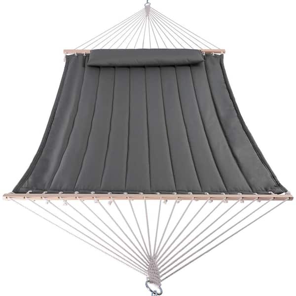 Atesun 12-15 ft Quilted Double 2-Person Hammock with Hardwood Spreader Bar and Pillow in Gray
