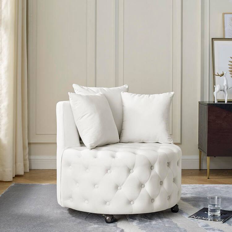 Noble House Axel Beige Modern Upholstered Velvet Swivel Accent Chair with Button Tufting, Wheels, Pillows