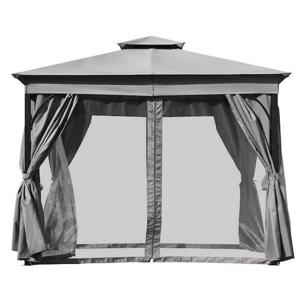 10 ft. x 10 ft. Gray Outdoor Gazebo Tent with Double Roofs and Mosquito Netting