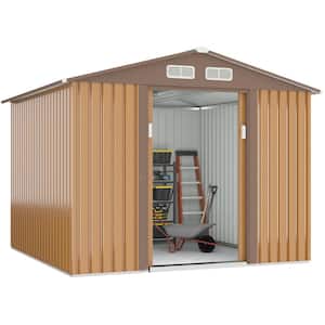 8.4 ft. Wx 8.4 ft. D Brown Garden Outdoor Storage Metal Shed Tool Building with Sliding Door (70.56 sq. ft.)