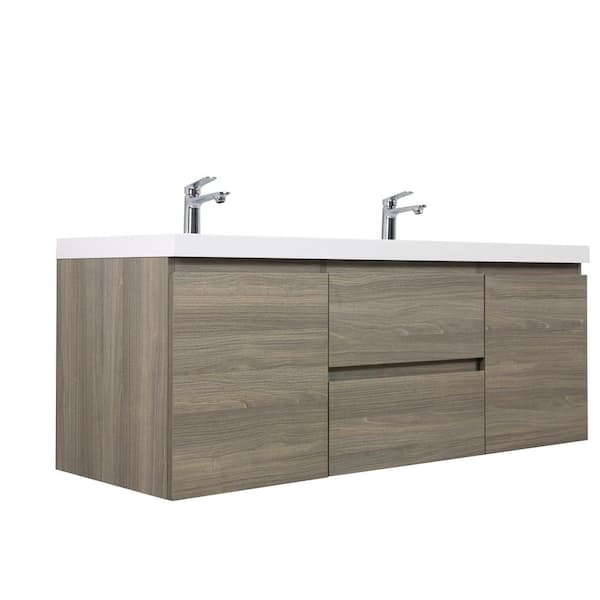 60 in. W Floating Double Sink Bath Vanity in Ash Grey with Gloss White Resin Top