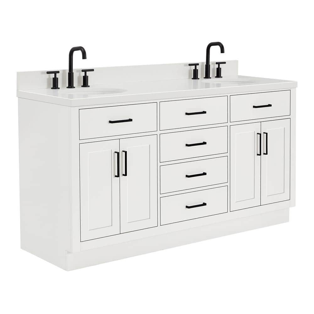 White Quartz Double Basin Freestanding Vanity with Black Hardware