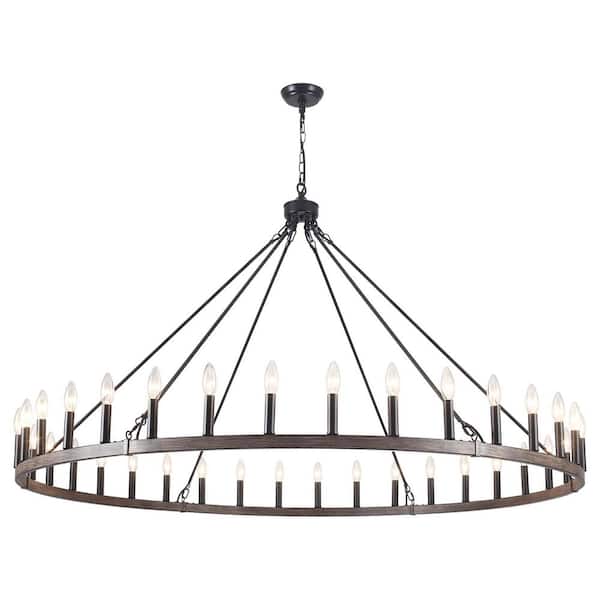ADSENSTY 36-Light Black and Imitation Wood Grain Traditional Wagon Wheel Chandelier for Kitchen Island, Foyer