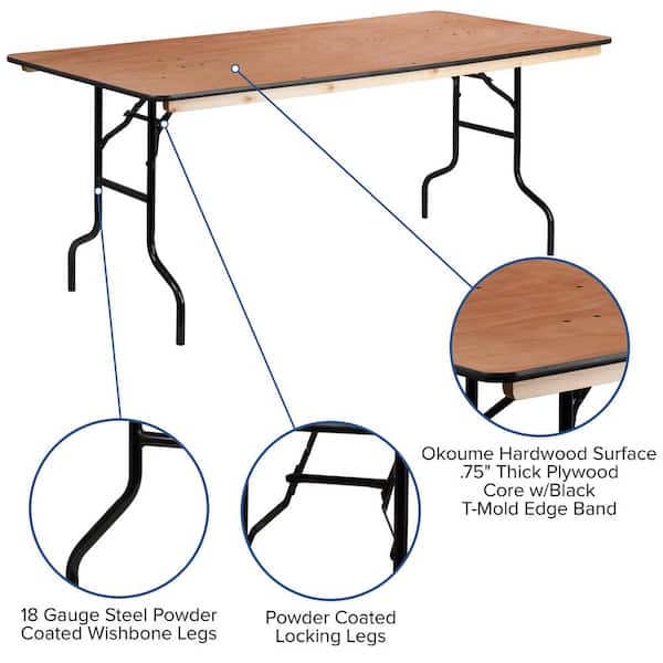 Natural Fielder 6 ft. Rectangular All-Occasion Wood Folding Event Table, Foldable Portable Banquet Table with Wooden Top