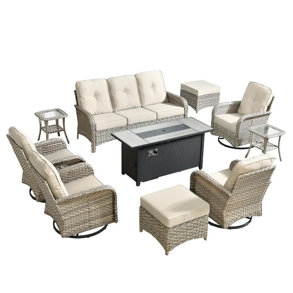 Ruby 10-Piece Wicker Outdoor Fire Pit Furniture Patio Conversation Sofa Set with Swivel Chairs and Beige Cushions