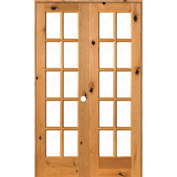 Krosswood Doors 48 in. x 80 in. Knotty Alder 10-Lite Left-Handed Clear Glass Clear Stain Wood Double Prehung French Door