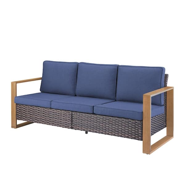 Pocassy Rectangular Framed Armrest 3-Seat Brown Wicker Outdoor Patio Sofa Couch with Deep Seating, Blue Fade-Resistant Cushions