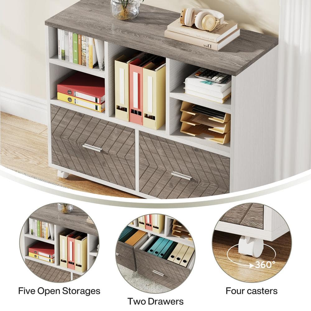Tribesigns 63" Gray and White L-Shaped Executive Desk with Reversible File Cabinet