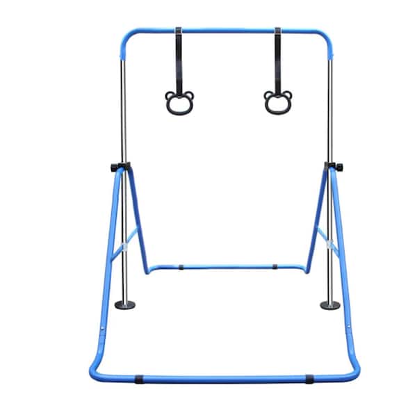 Children's Gymnastic Bar with Adjustable Height, Foldable Steel Frame, Anti-Slip Rubber Rings and Bear Rings, Blue