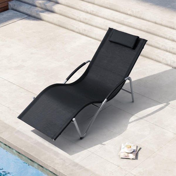 Crestlive Products Black Metal Outdoor Chaise Lounge with Arms and Headrest (1-Pack)