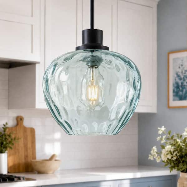 RayHome 1-Light Modern Black Adjustable Height Pendant Light with Blue Apple-shaped Hammered Glass for Kitchen Island