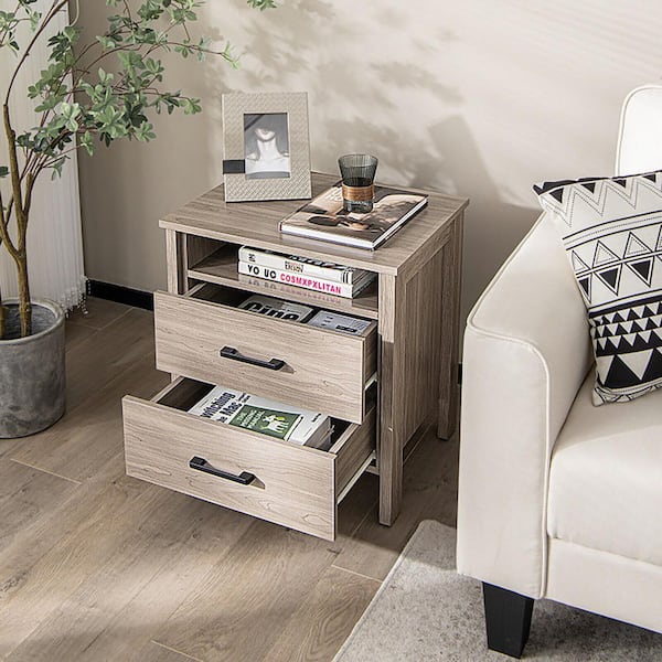 Natural 2 Drawer Modern Wood Grain Nightstand with Cable Hole and Open Compartment