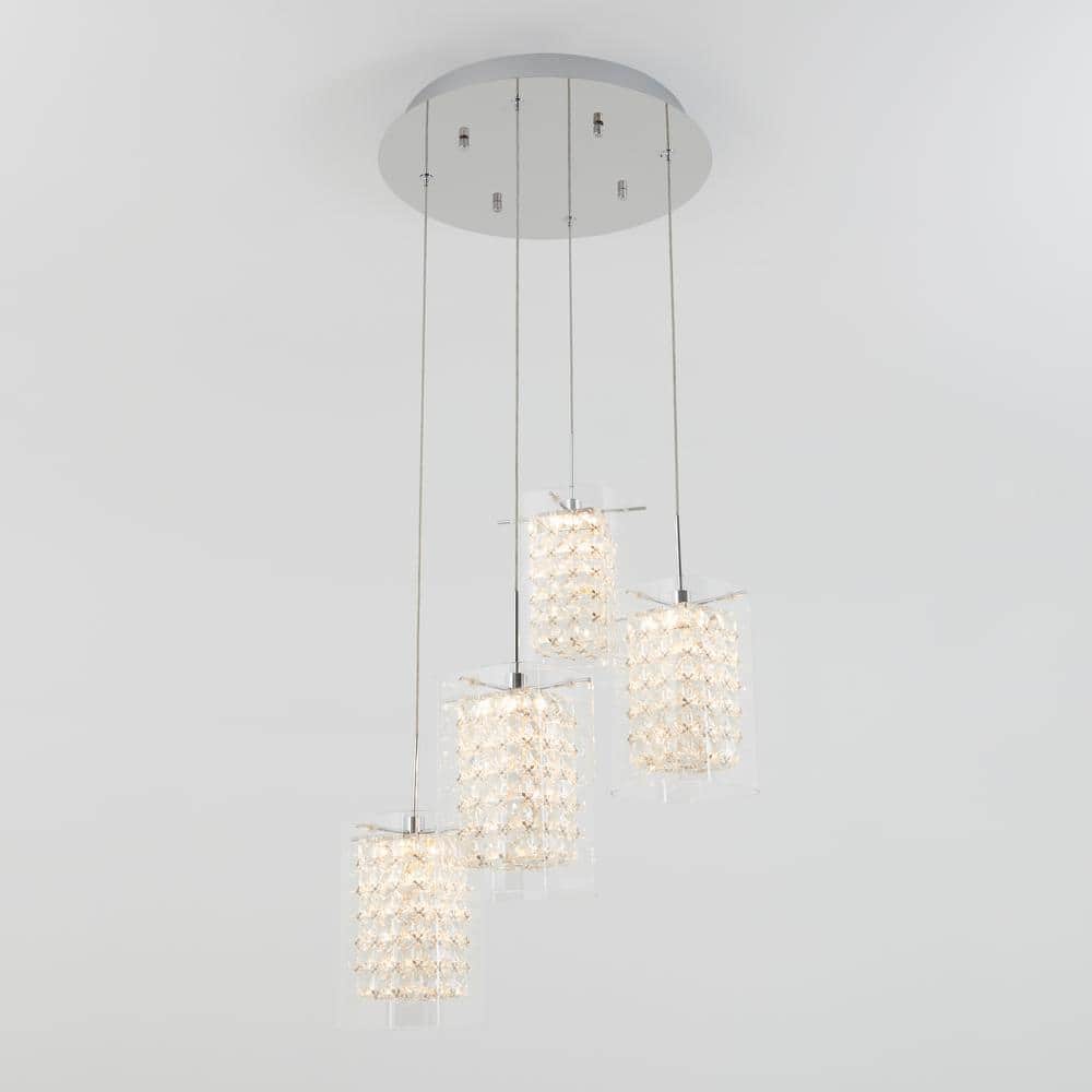 Crystal Cube 4-Light Chrome LED Pendant with Clear Glass Shades