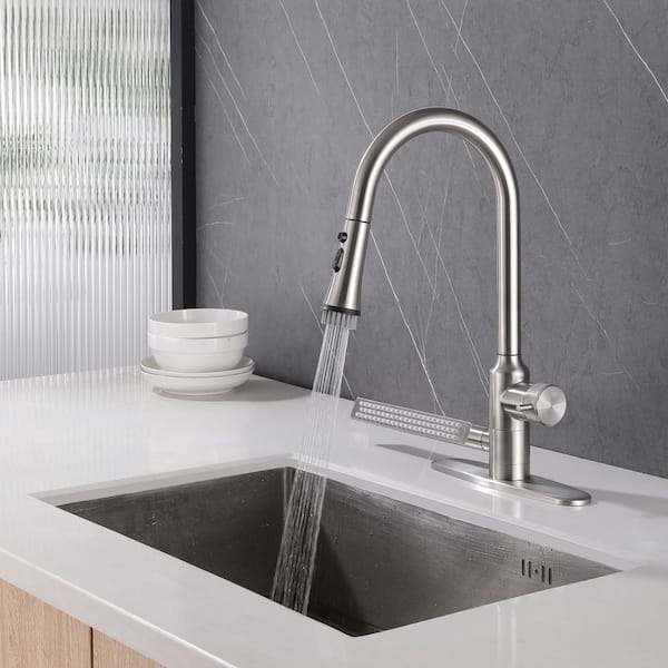 18.62 in. H Single-Handle Fixed Kitchen Faucet with Pull Down Sprayer in Brushed Nickel