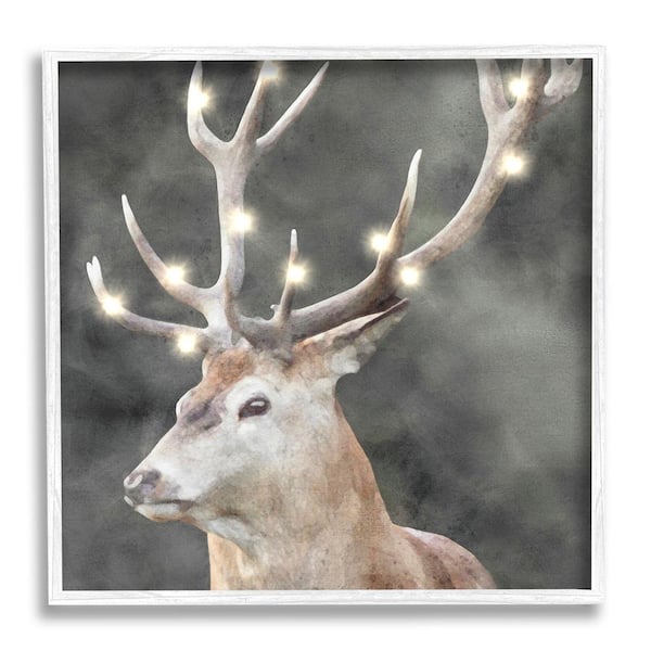Stupell Industries Holiday Lights on Antlers by LSR Design Studio 1-Piece Framed Graphic Print Animal Poster Art Print 24 in. x 24 in.