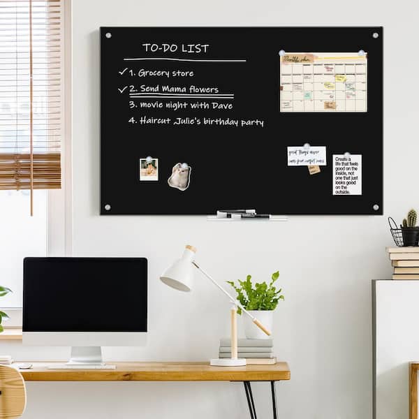 Dry Erase Board 48 in. x 36 in. Black Bulletin Boards Glass Frameless Large Glass Whiteboard Panel Dry Erase Board