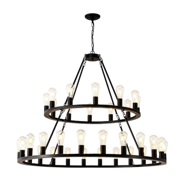 36-Light 2 Tiers Matte Black Large Wagon Wheel Chandelier for Living Room with E26 Sockets, no Bulbs Included
