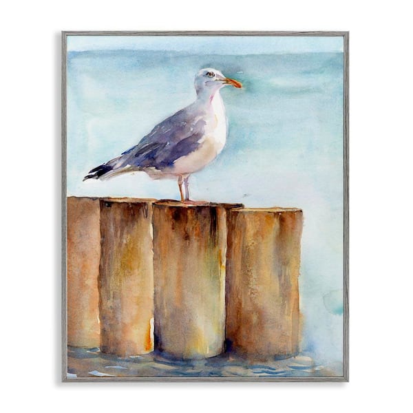 Stupell Industries Seagull's Perch by Sea by John Keeling Gray Framed Coastal Giclee Art Print 20 in. x 16 in.