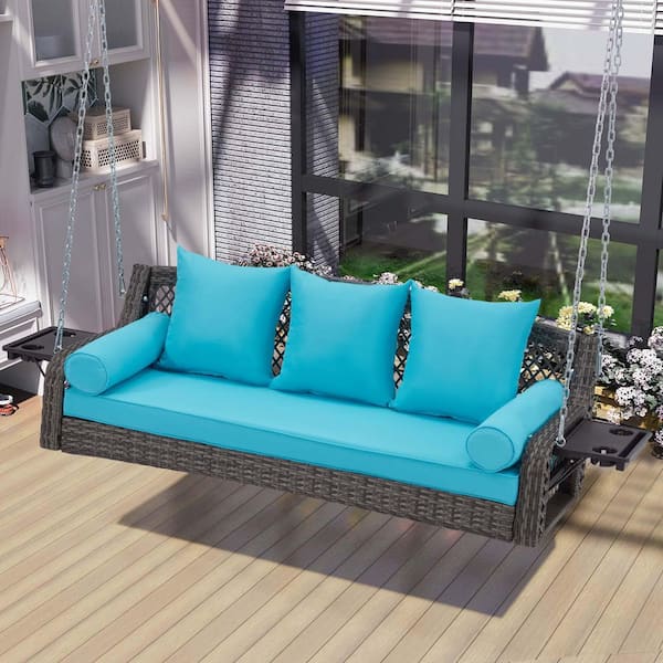 Zeus & Ruta 3-Seat Gray Wicker Outdoor Patio Swing Hanging Chair with Cup Holders and 3 Back Lake Blue Cushions