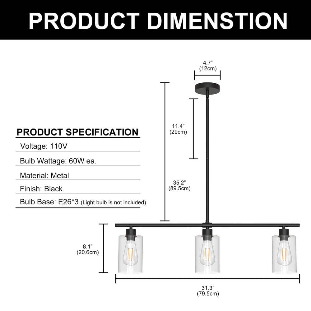 Modern Black Metal Linear Pendant Light with Clear Glass Shades