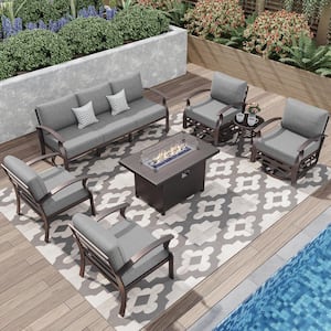 7-Piece Aluminum Patio Conversation Set with Armrest, Propane Fire Pit Table, Swivel Rocking Chairs and Cushion Grey