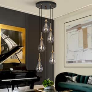 Modern Dining Room Cluster Chandelier 5-Light Black and Brass Teardrop Chandelier with Clear Glass Shades