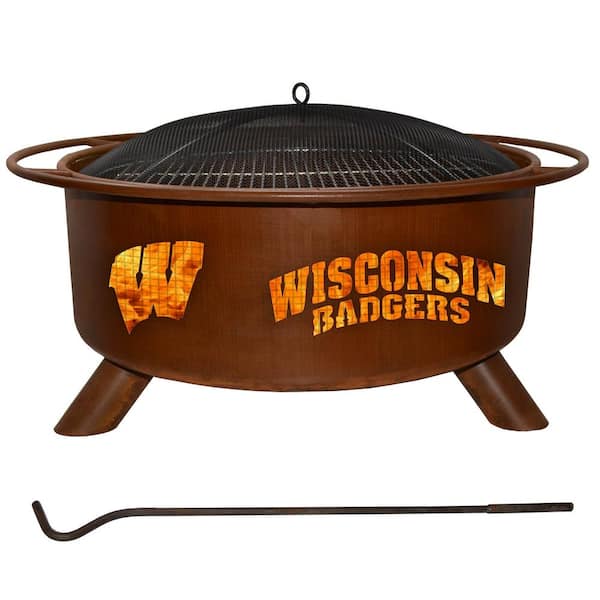 Unbranded Wisconsin 29 in. x 18 in. Round Steel Wood Burning Fire Pit in Rust with Grill Poker Spark Screen and Cover