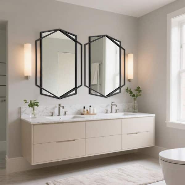26 in. W x 36 in. H Modern Rectangular Polygonal Black Metal Frame Art Decorative Mirror Vanity Mirror Wall Mirror
