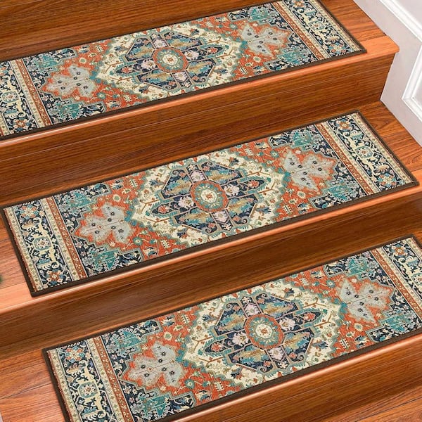 Bohemian 8 in. x 30 in. Polyester Stair Tread Cover Set of 15 Non-Slip Carpet Treads for Wooden Steps Indoor