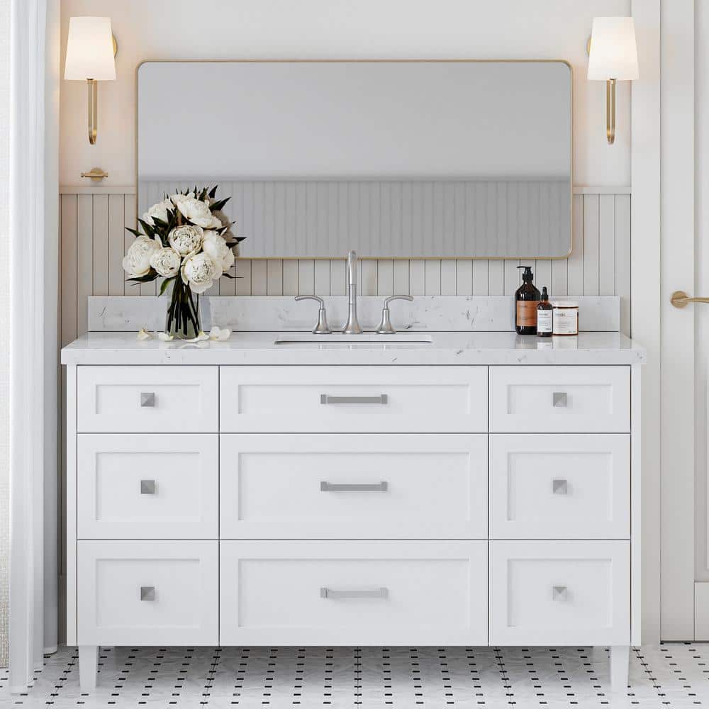 Monroe 60" White Single Sink Bathroom Vanity with Carrara Quartz Top