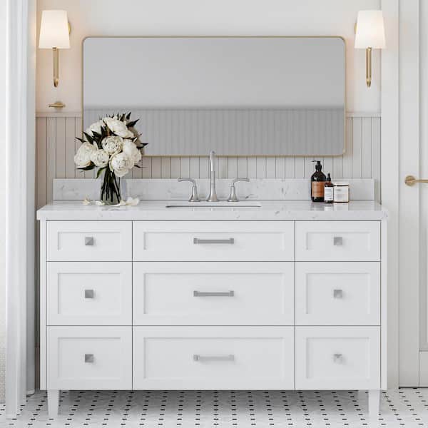 ARIEL Monroe 60 in. Single Sink Freestanding Bathroom Vanity in White with Carrara White Quartz Top