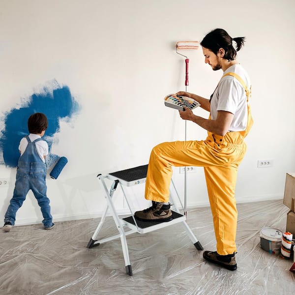 ANGELES HOME 330 lbs. Load Capacity Reach Height 1.5 ft. Folding Steel 2-Step Ladder with Non-Slip Pedal