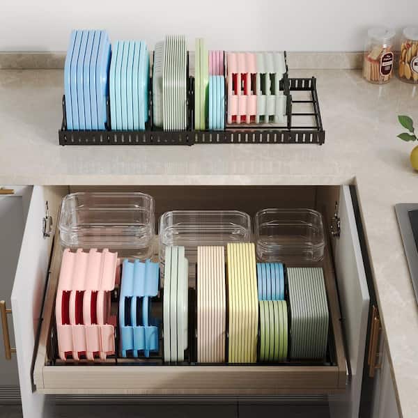 Expandable Black Food Container Lid Organizer with 8 Adjustable Detachable Dividers, Drawer Organizer Rack for Cabinets