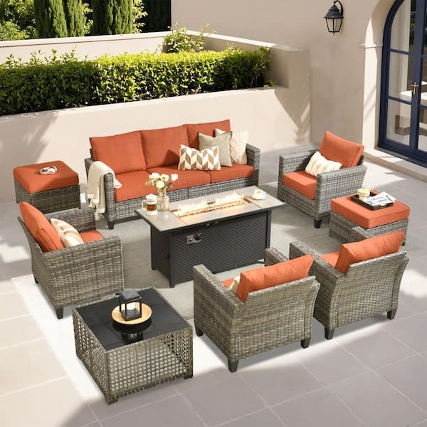 Daphne 9-Piece Wicker Patio Conversation Sofa Seating Set with Metal Fire Pit Table and Orange Red Cushions