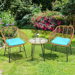 3-Piece Wicker Patio Conversation Set with Turquoise Cushions