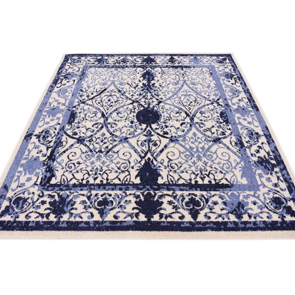 Ivory and Blue Square Stain-Resistant Synthetic Rug, 6' x 6'